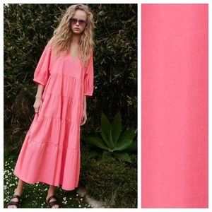 Zara Tiered hot pink oversized poplin maxi dress XL